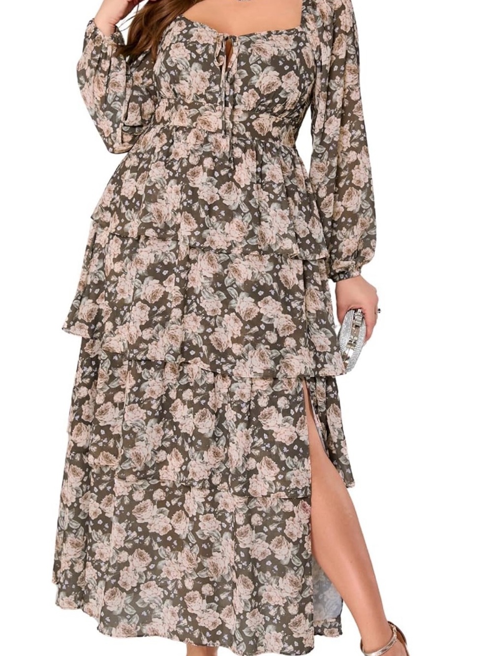 Long Sleeve Tiered Floral Maxi Dress in Brown and Cream